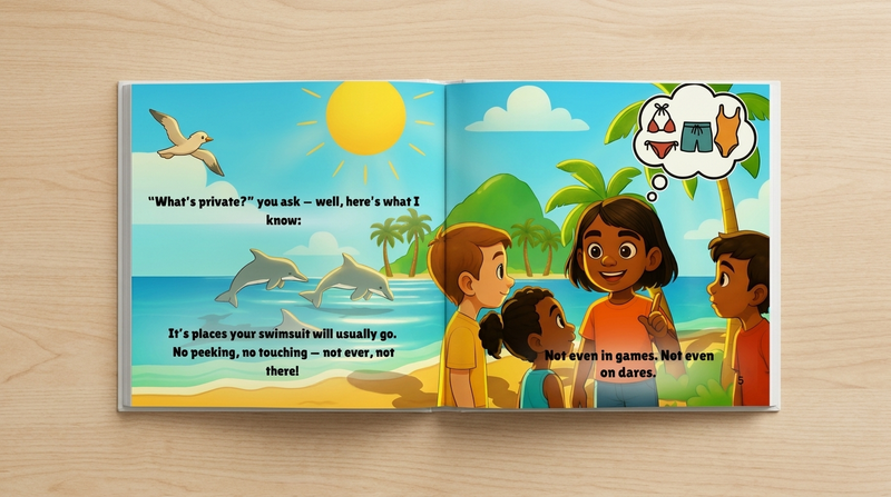 Kids learn that private parts are the areas a swimsuit covers — simple and clear.