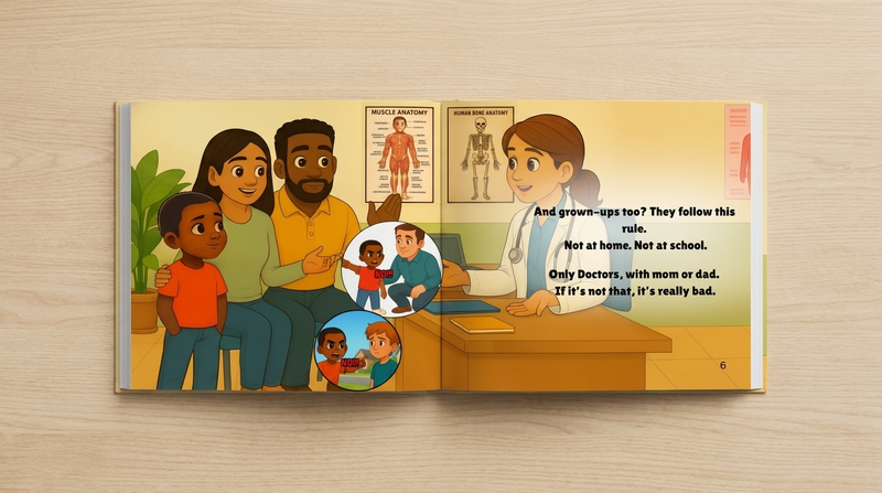 Only a doctor, with mom or dad — kids learn the one safe exception.